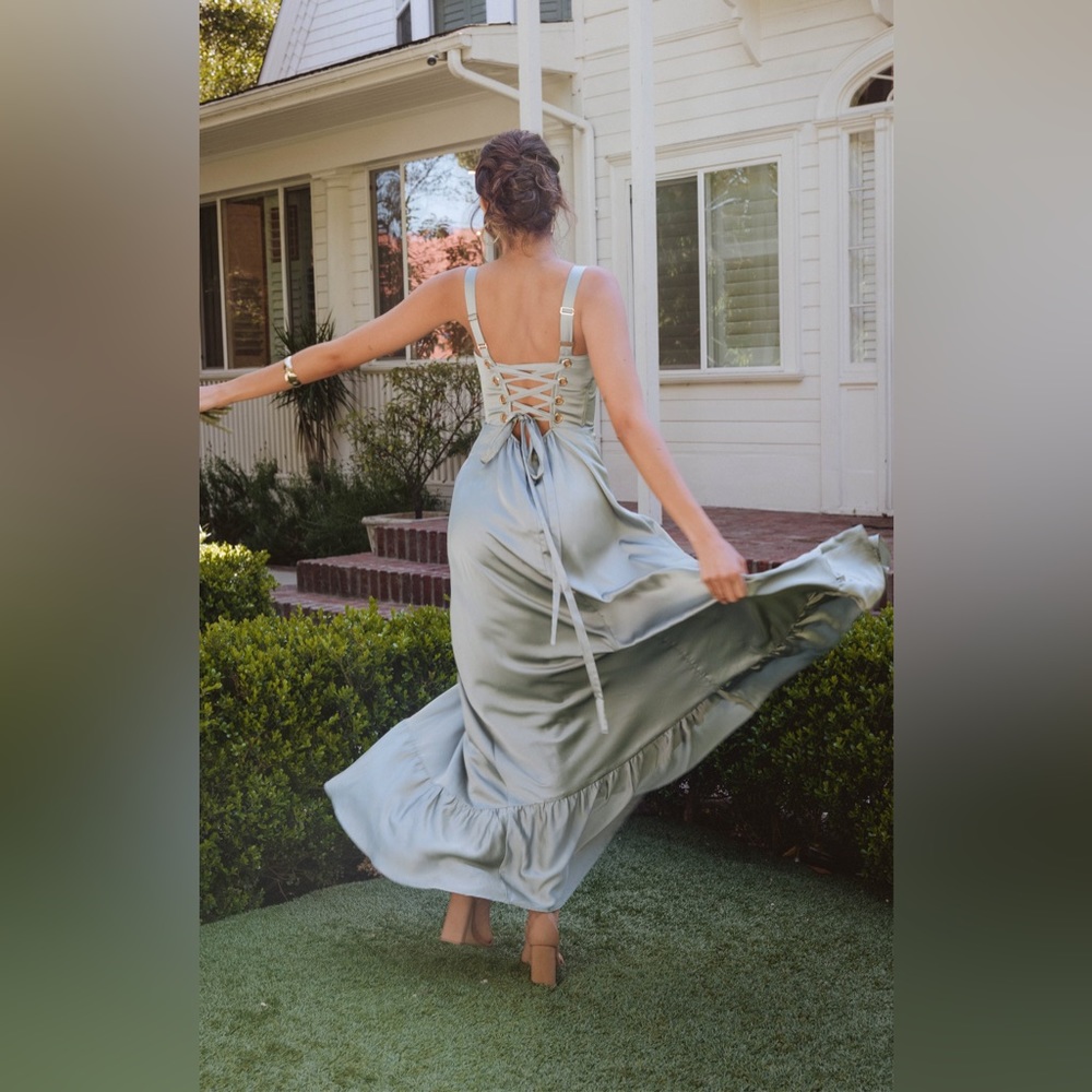 Show Me Your Mumu Clarissa Corset Dress in Silver Sage Luxe Satin size XXL